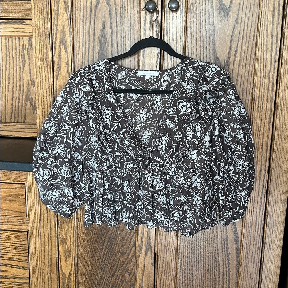 Olivaceous Floral Ruffle Crop Top Dainty‎ Shirt Chocolate Brown Holiday Large